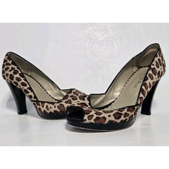 Massimo Baldi Size 8 Beige Black Leopard Cheetah Patent Leather Peep Toe Heels - Picture 1 of 8